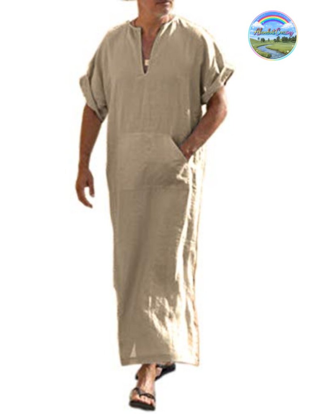 Men's Cotton Linen Kaftan Robe V-Neck Short Sleeve Long Gown Beach Loungewear